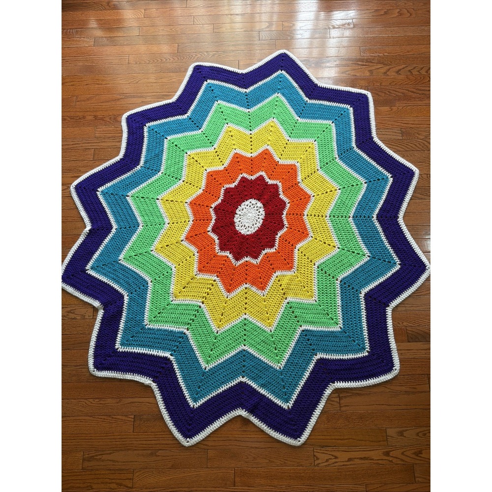 Vtg Crochet Star Pattern Bed Throw Blanket Multicolor Rainbow Baby Afghan 69x59"